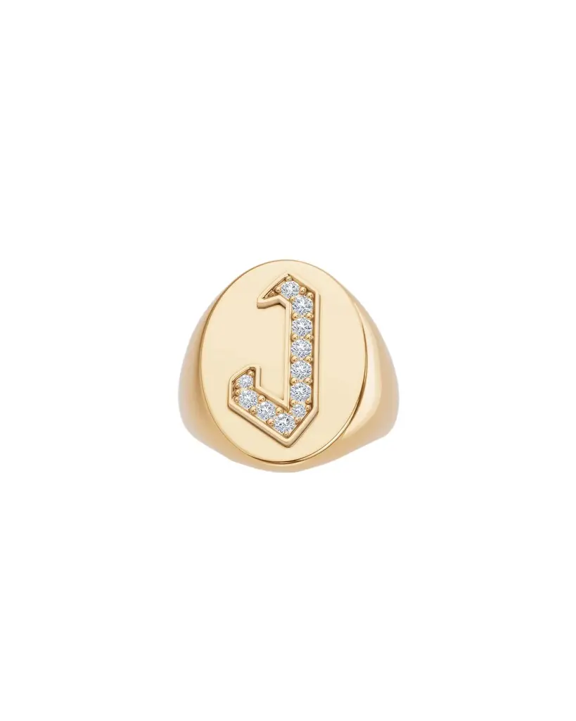 Jennifer Fisher Large Signet Letter Ring with Diamonds in 18K Yellow Gold A-N J / 5 Jennifer Fisher Large Signet Letter Ring with Diamonds in 18K Yellow Gold A-N J / 5