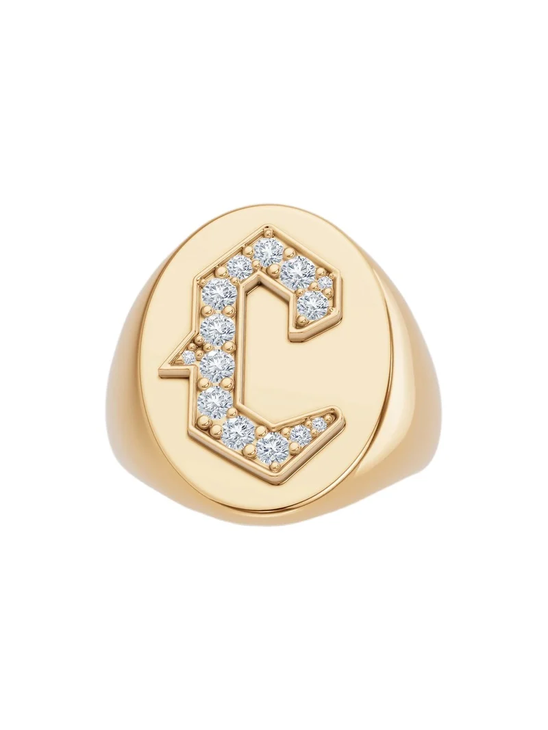 Large Signet Letter Ring with Diamonds in 18K Yellow Gold A-N C / 5 Large Signet Letter Ring with Diamonds in 18K Yellow Gold A-N C / 5