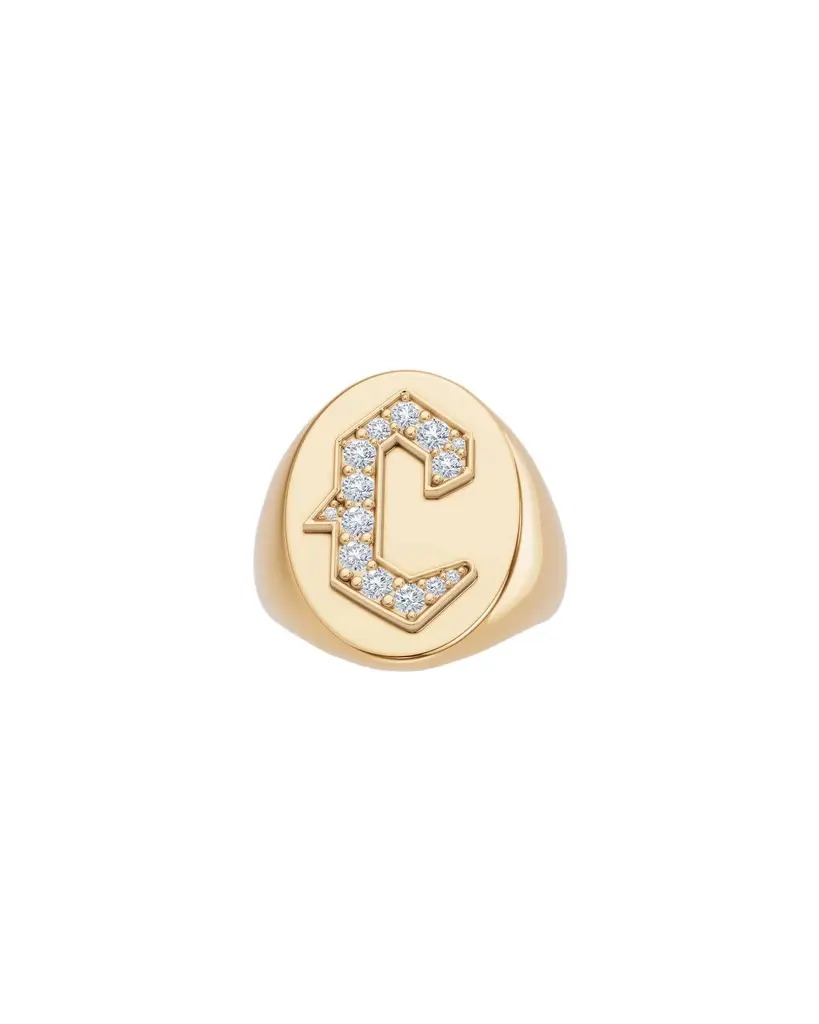 Jennifer Fisher Large Signet Letter Ring with Diamonds in 18K Yellow Gold A-N C / 5 Jennifer Fisher Large Signet Letter Ring with Diamonds in 18K Yellow Gold A-N C / 5