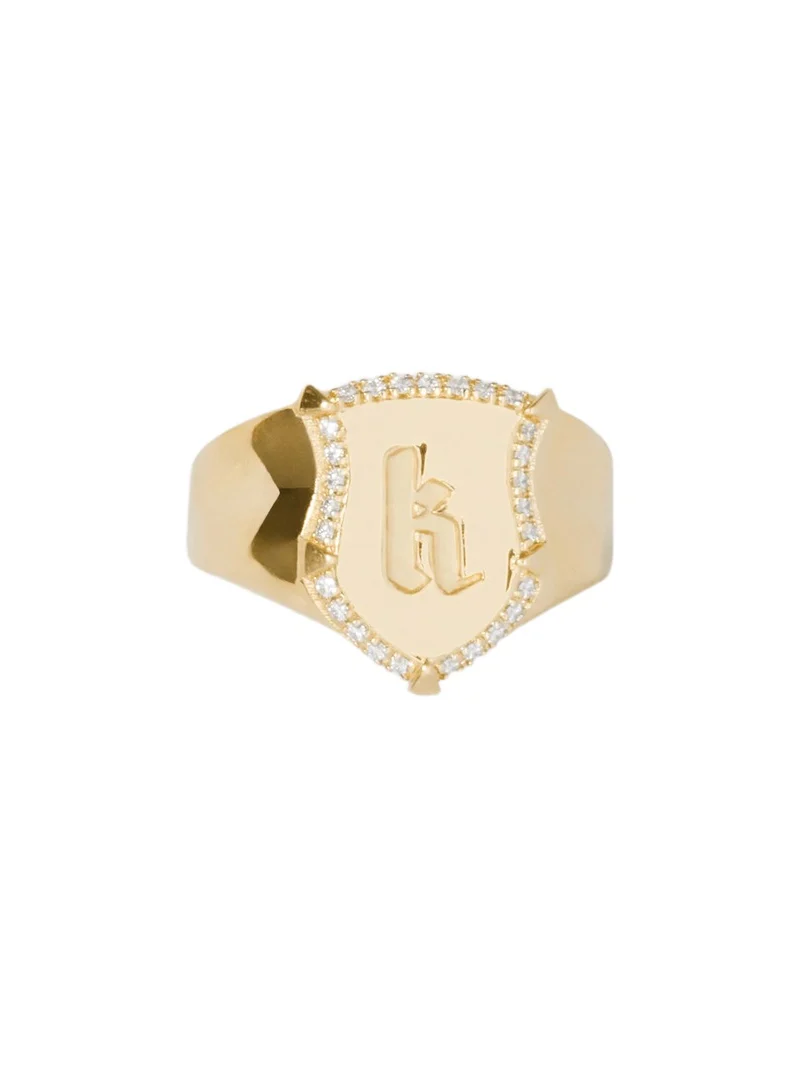 Personalized Mini Classic Shield Ring with Pave White Diamonds in 18K Yellow Gold 7