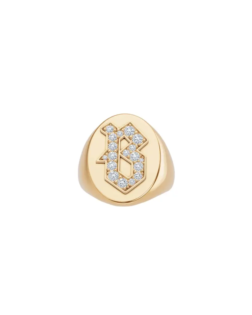 Jennifer Fisher Large Signet Letter Ring with Diamonds in 18K Yellow Gold A-N B / 8 Jennifer Fisher Large Signet Letter Ring with Diamonds in 18K Yellow Gold A-N B / 8