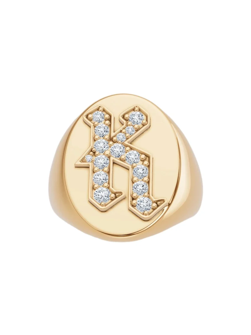 Large Signet Letter Ring with Diamonds in 18K Yellow Gold A-N K / 4 Large Signet Letter Ring with Diamonds in 18K Yellow Gold A-N K / 4