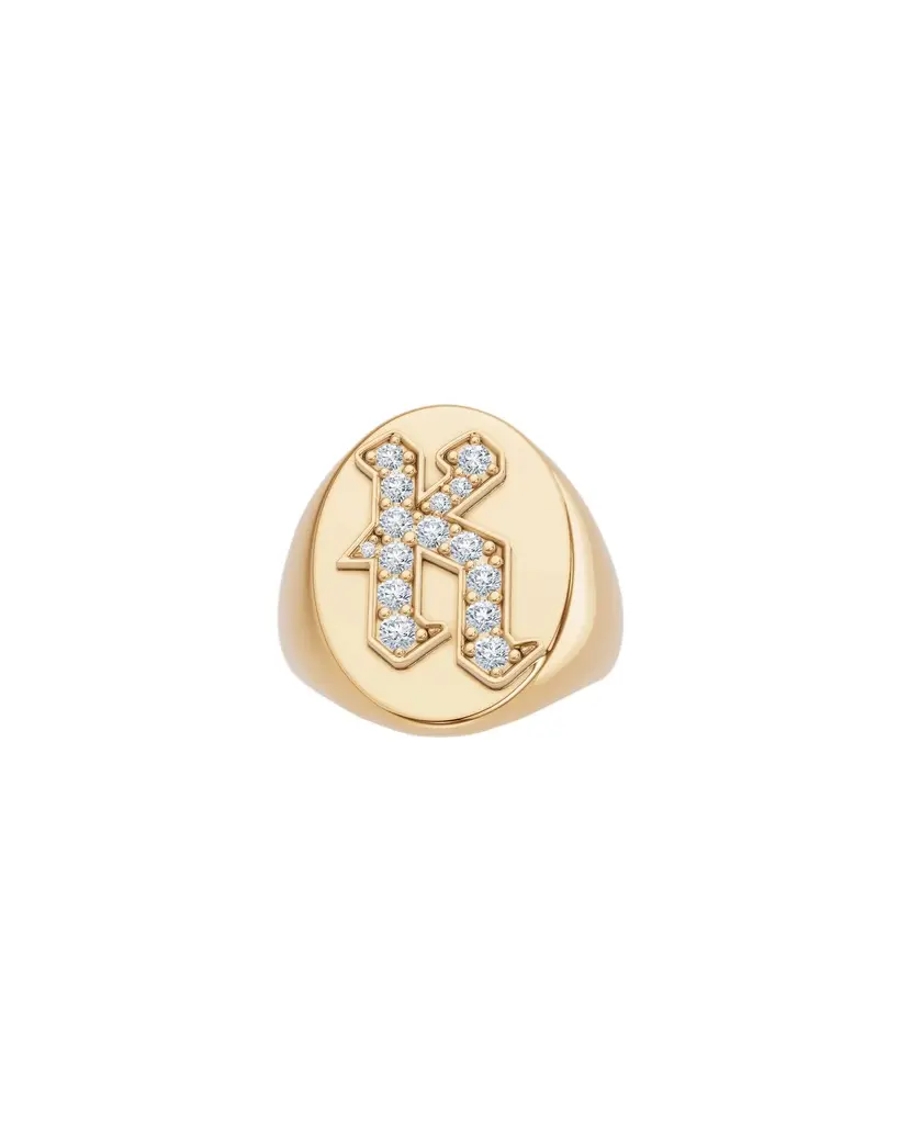 Jennifer Fisher Large Signet Letter Ring with Diamonds in 18K Yellow Gold A-N K / 8