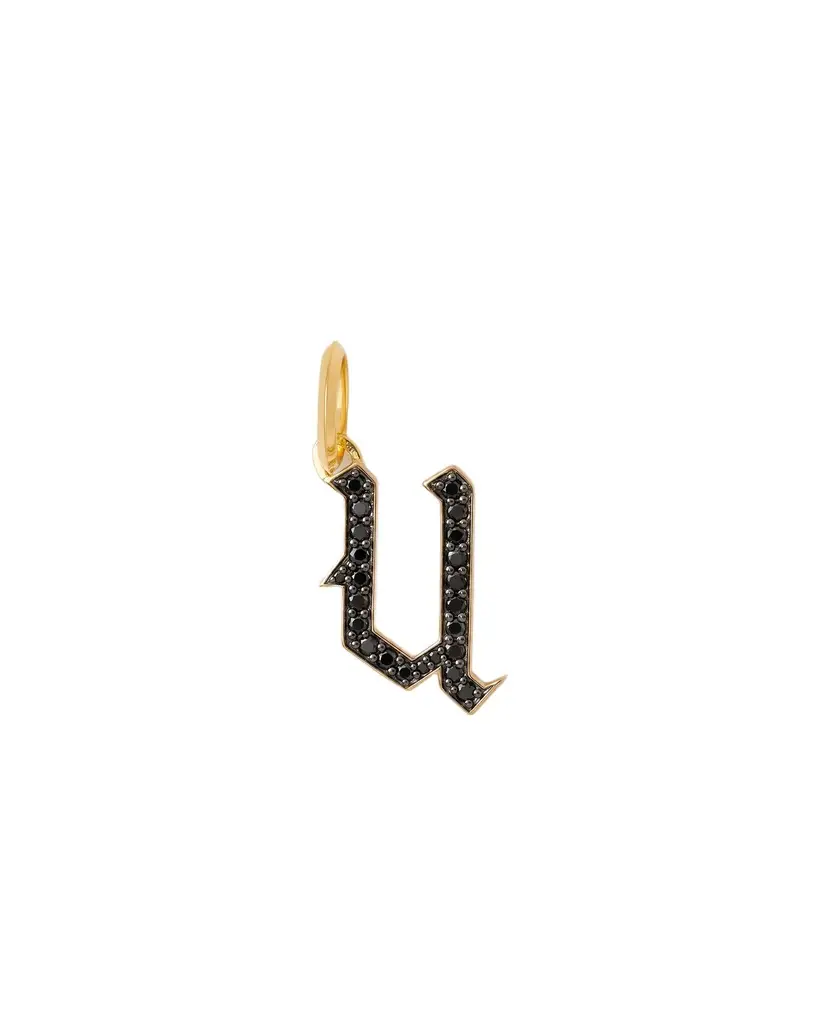 Jennifer Fisher Capital Gothic Letter Charm with Pavé Black Diamonds 18K Yellow Gold / U Jennifer Fisher Capital Gothic Letter Charm with Pavé Black Diamonds 18K Yellow Gold / U
