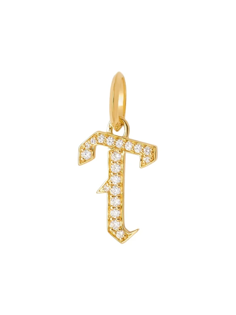 Capital Gothic Letter Charm with Pavé White Diamonds T / 18K Yellow Gold Capital Gothic Letter Charm with Pavé White Diamonds T / 18K Yellow Gold