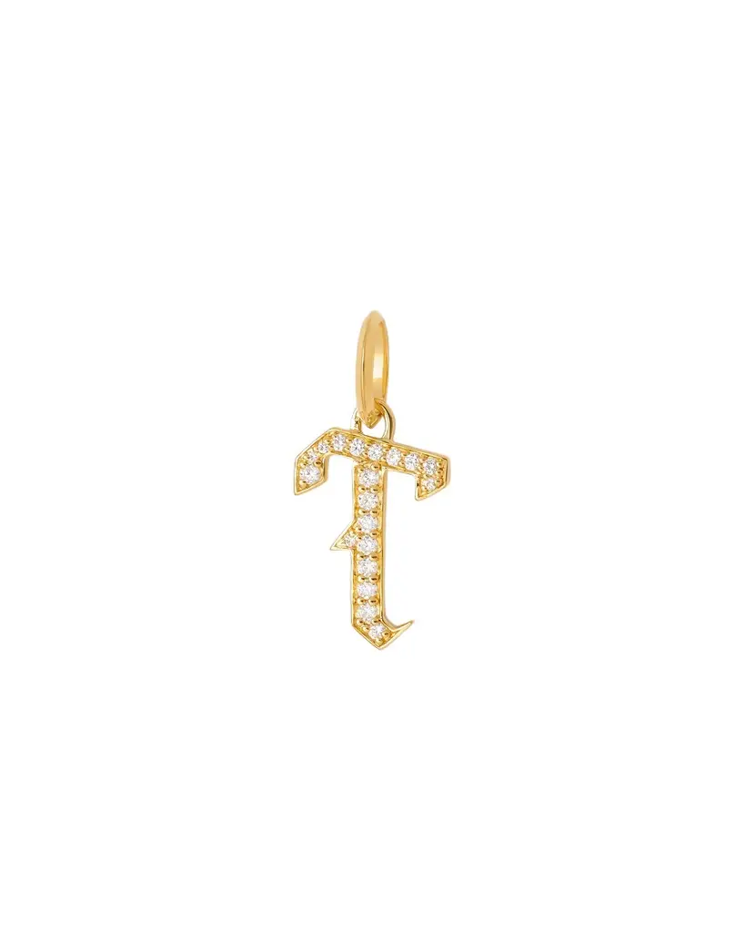 Jennifer Fisher Jennifer Fisher Capital Gothic Letter Charm with Pavé White Diamonds T / 18K Yellow Gold