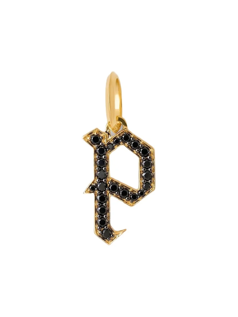 Jennifer Fisher Capital Gothic Letter Charm with Pavé Black Diamonds 18K Yellow Gold / P Jennifer Fisher Capital Gothic Letter Charm with Pavé Black Diamonds 18K Yellow Gold / P
