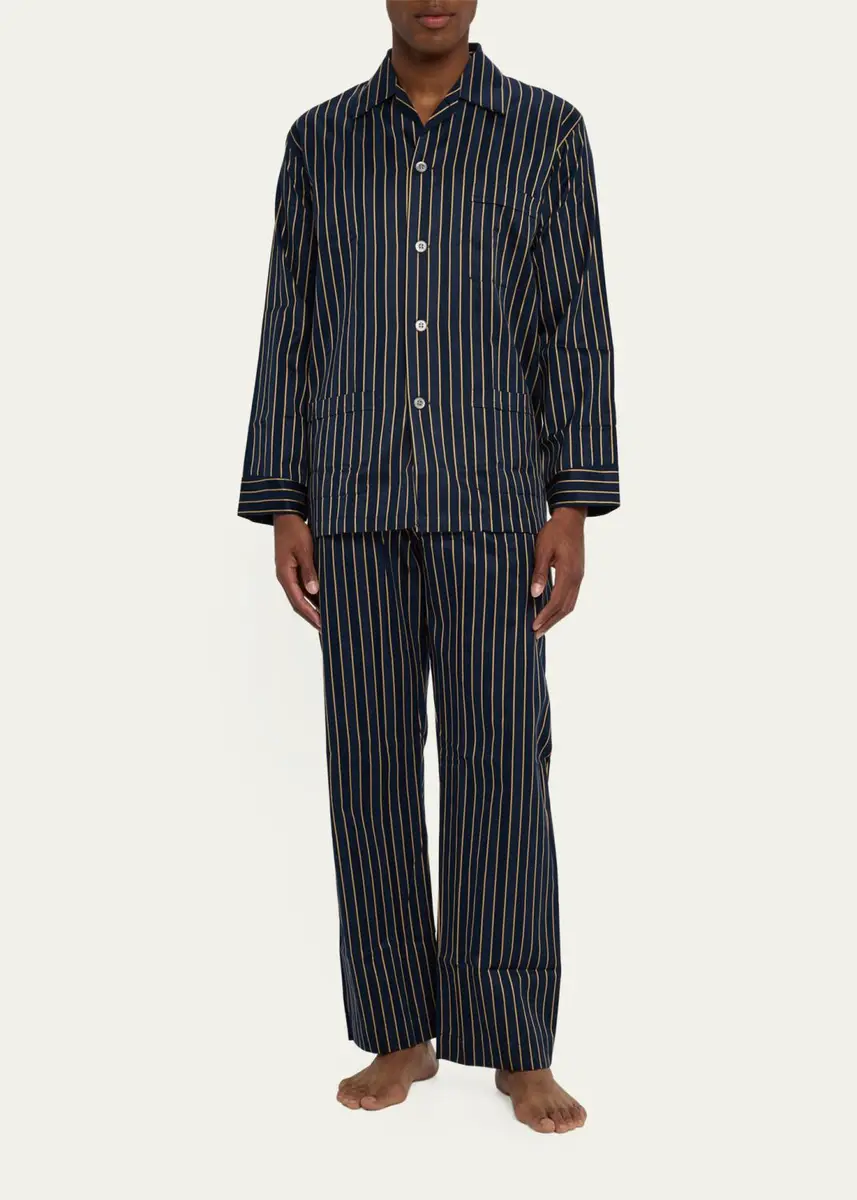 Derek Rose Men's Royal Satin Stripe Long Pajama Set | Thumbnail 2 Derek Rose Men's Royal Satin Stripe Long Pajama Set | Thumbnail 2