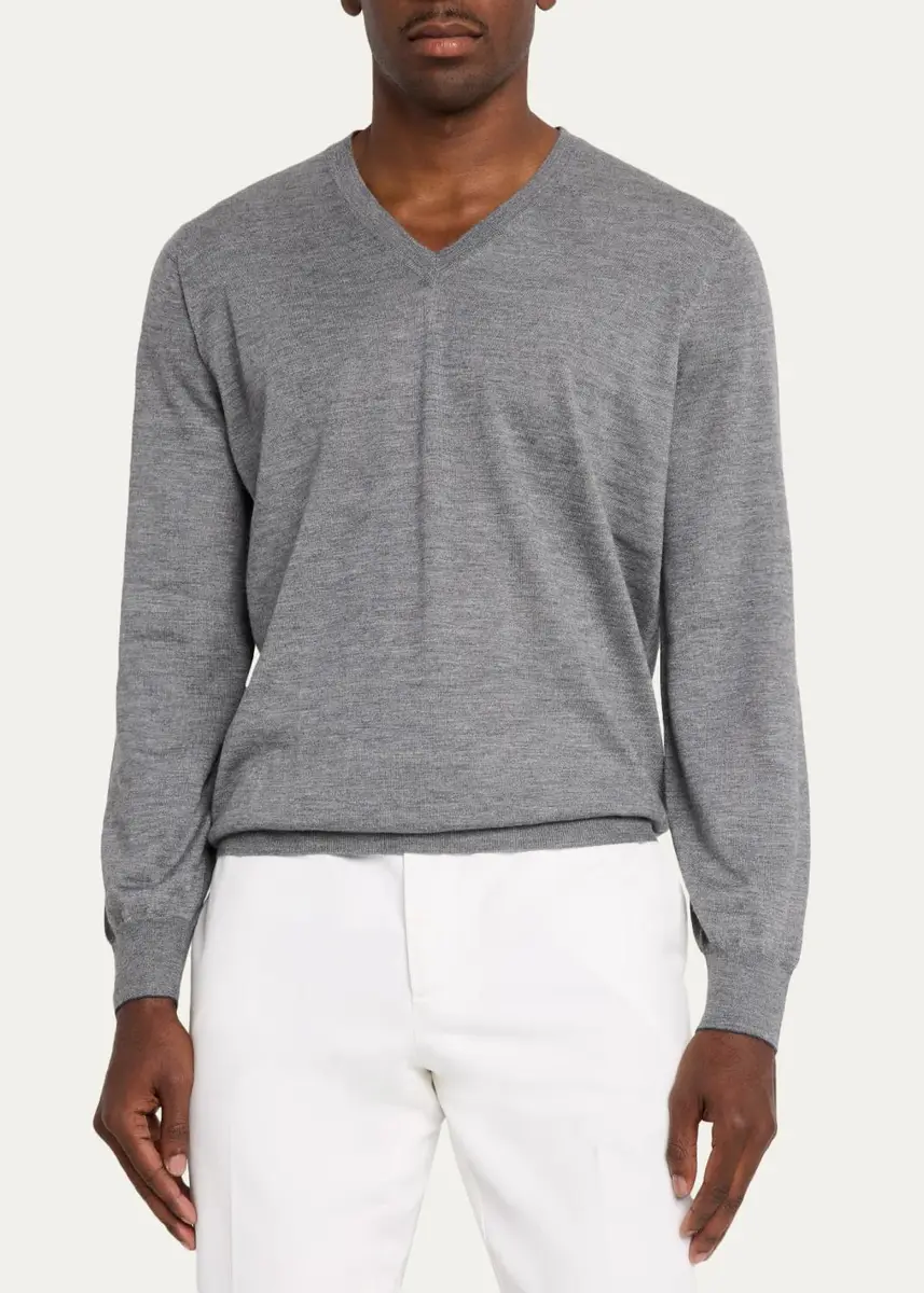 Brunello Cucinelli Men's Fine-Gauge Cashmere & Silk V-Neck Sweater | Thumbnail 4 Brunello Cucinelli Men's Fine-Gauge Cashmere & Silk V-Neck Sweater | Thumbnail 4