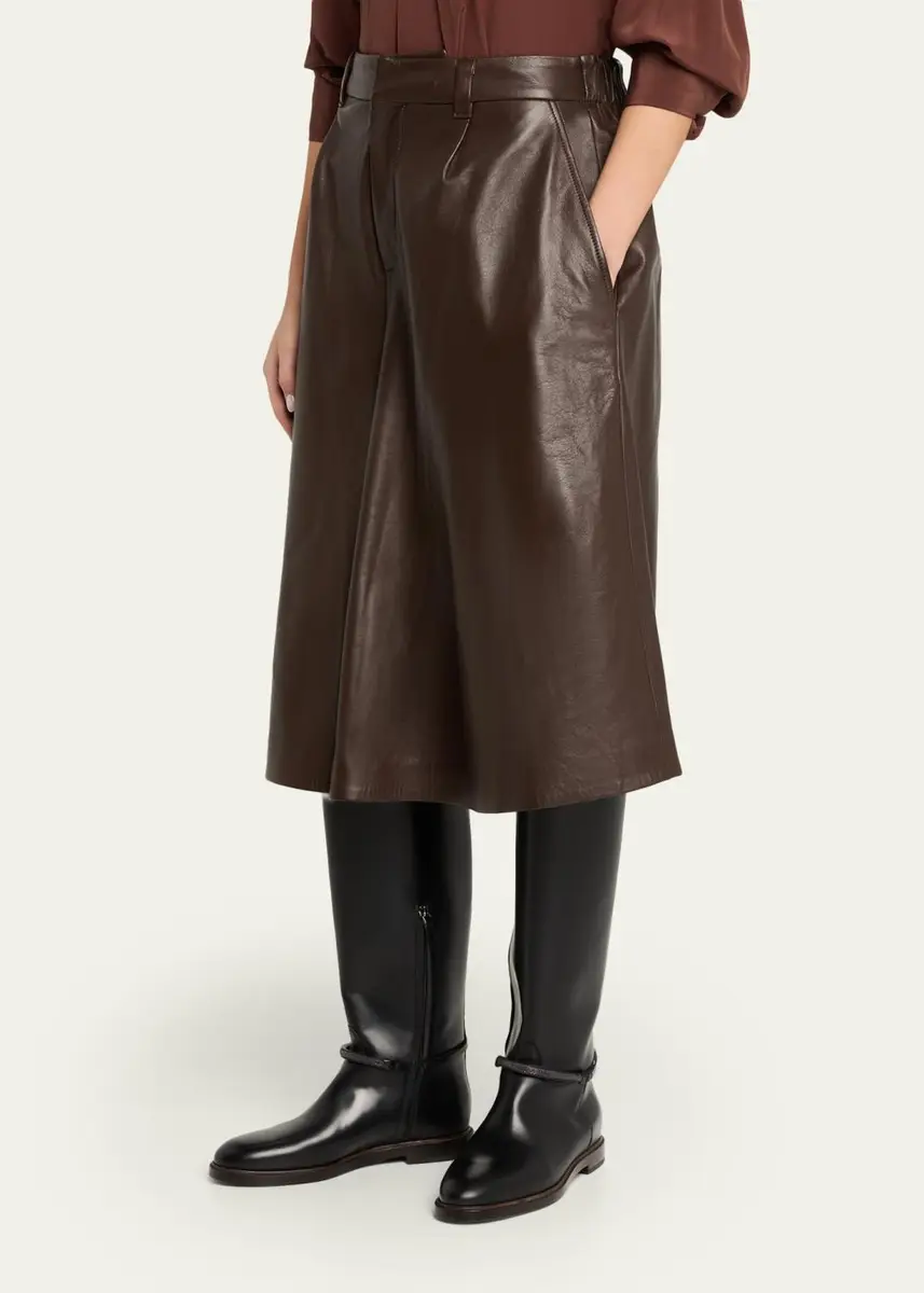 Brunello Cucinelli Pleated Leather Wide-Leg Culotte Pants | Thumbnail 4 Brunello Cucinelli Pleated Leather Wide-Leg Culotte Pants | Thumbnail 4
