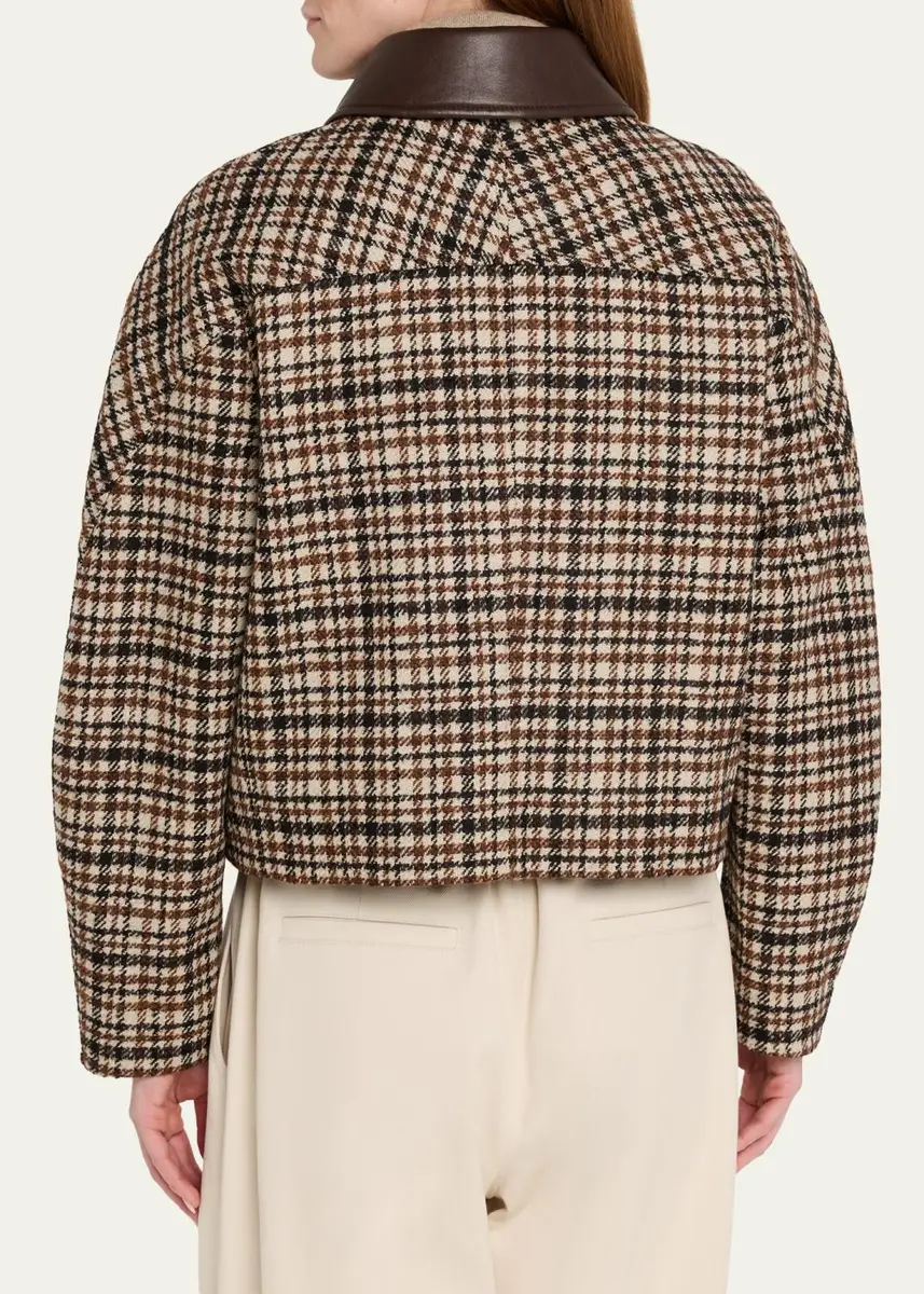 Brunello Cucinelli Leather-Collar Check Boxy Car Coat | Thumbnail 3