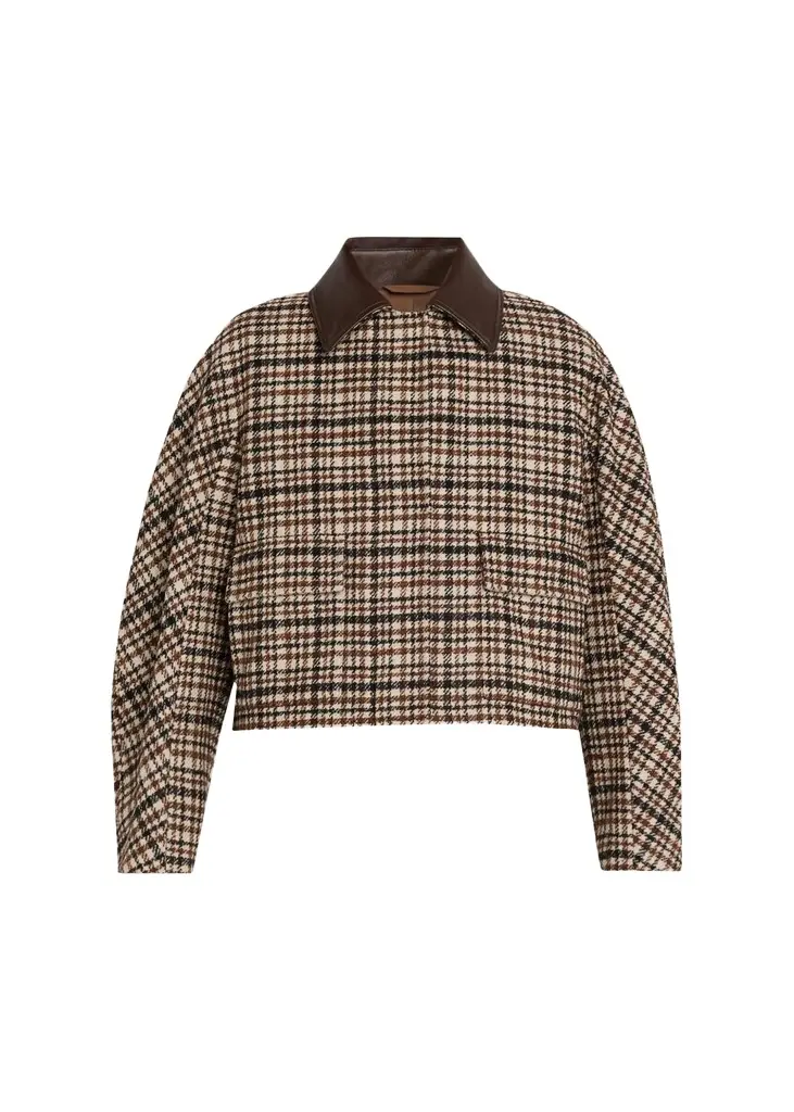 Brunello Cucinelli Leather-Collar Check Boxy Car Coat