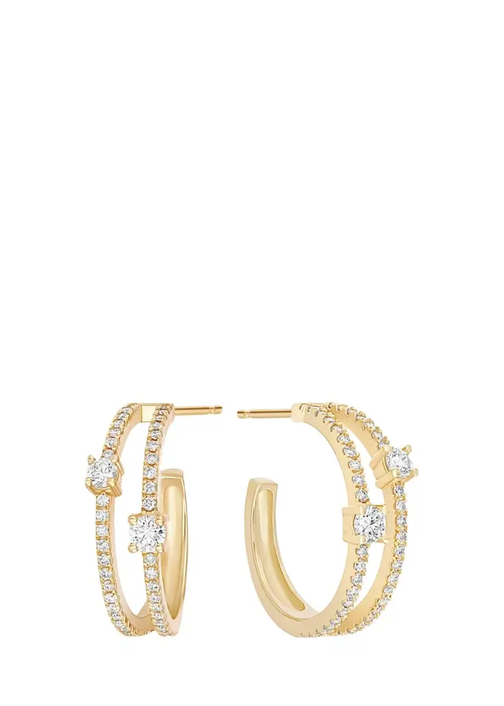 14K Double-Row Diamond Small Hoop Earrings, 18.5mm 14K Double-Row Diamond Small Hoop Earrings, 18.5mm