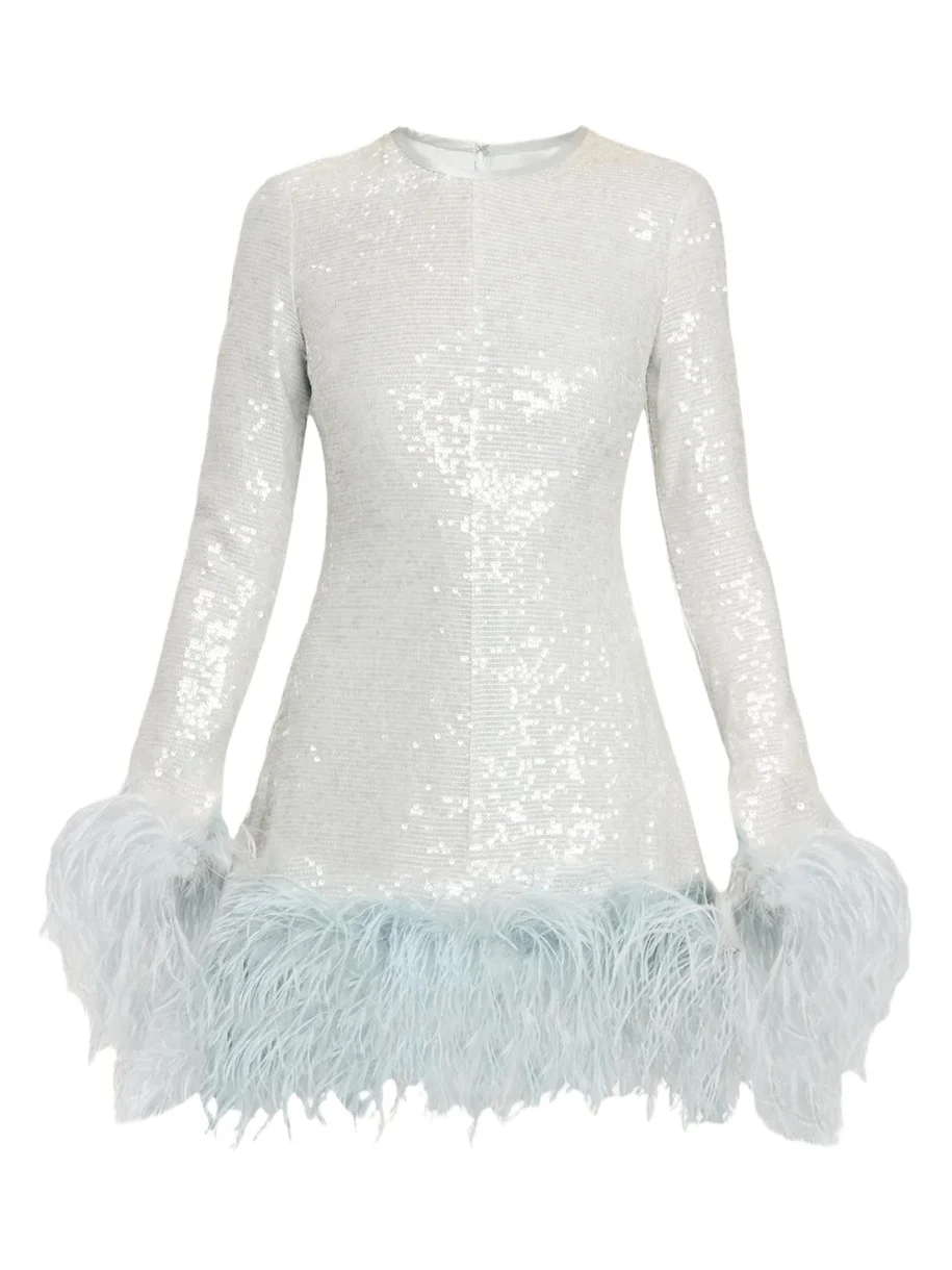 Althea Feather-Trim Sequined Long-Sleeve Mini Dress Althea Feather-Trim Sequined Long-Sleeve Mini Dress