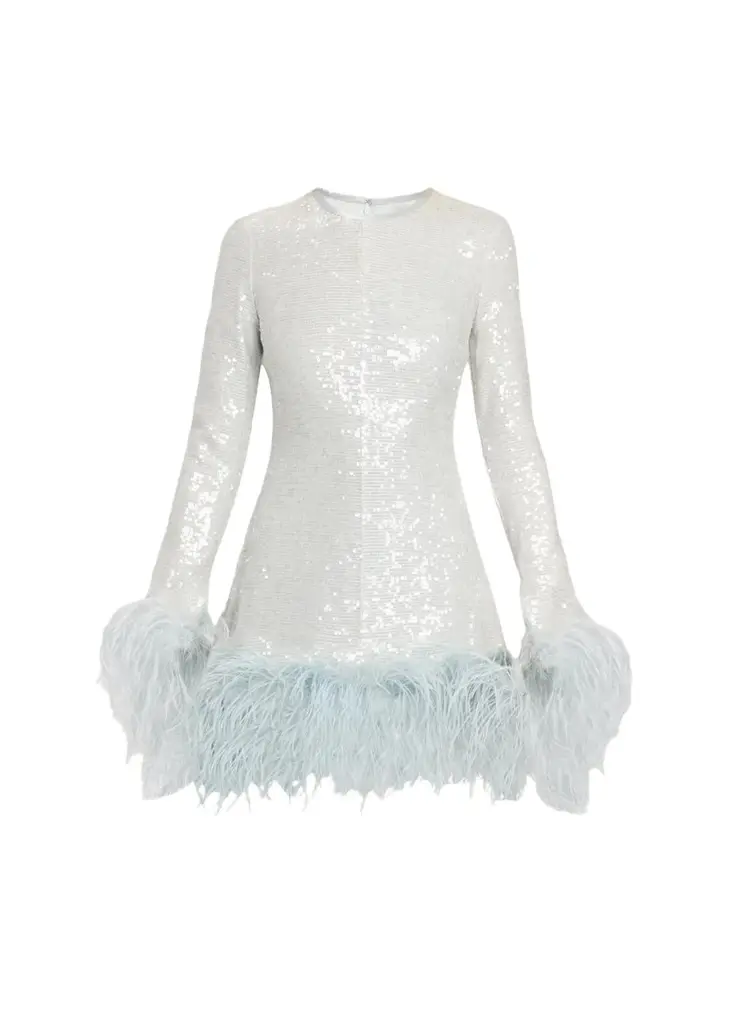 Althea Feather-Trim Sequined Long-Sleeve Mini Dress Althea Feather-Trim Sequined Long-Sleeve Mini Dress