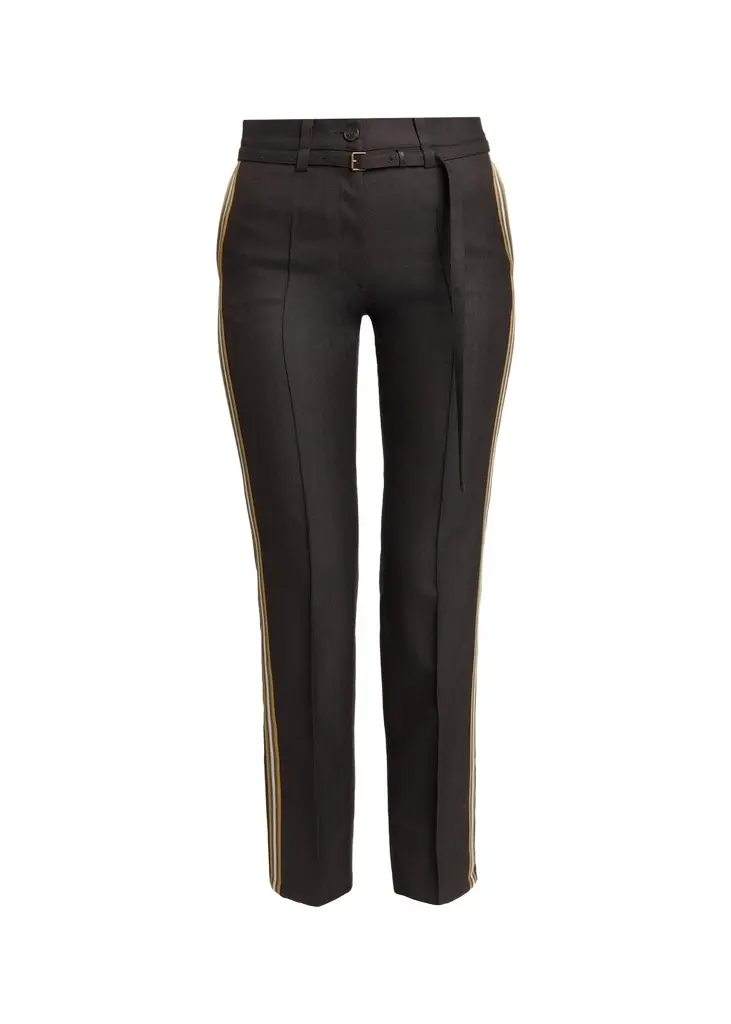 Side-Stripe Herringbone Wool Straight-Leg Pants With Belt Side-Stripe Herringbone Wool Straight-Leg Pants With Belt