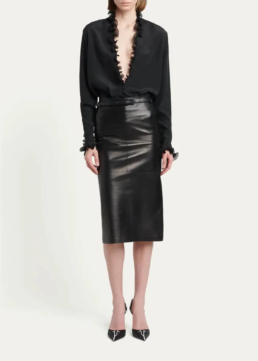 Tom Ford Silk Crepe De Chine Ruffle Plunging-Neck Blouse | Thumbnail 2