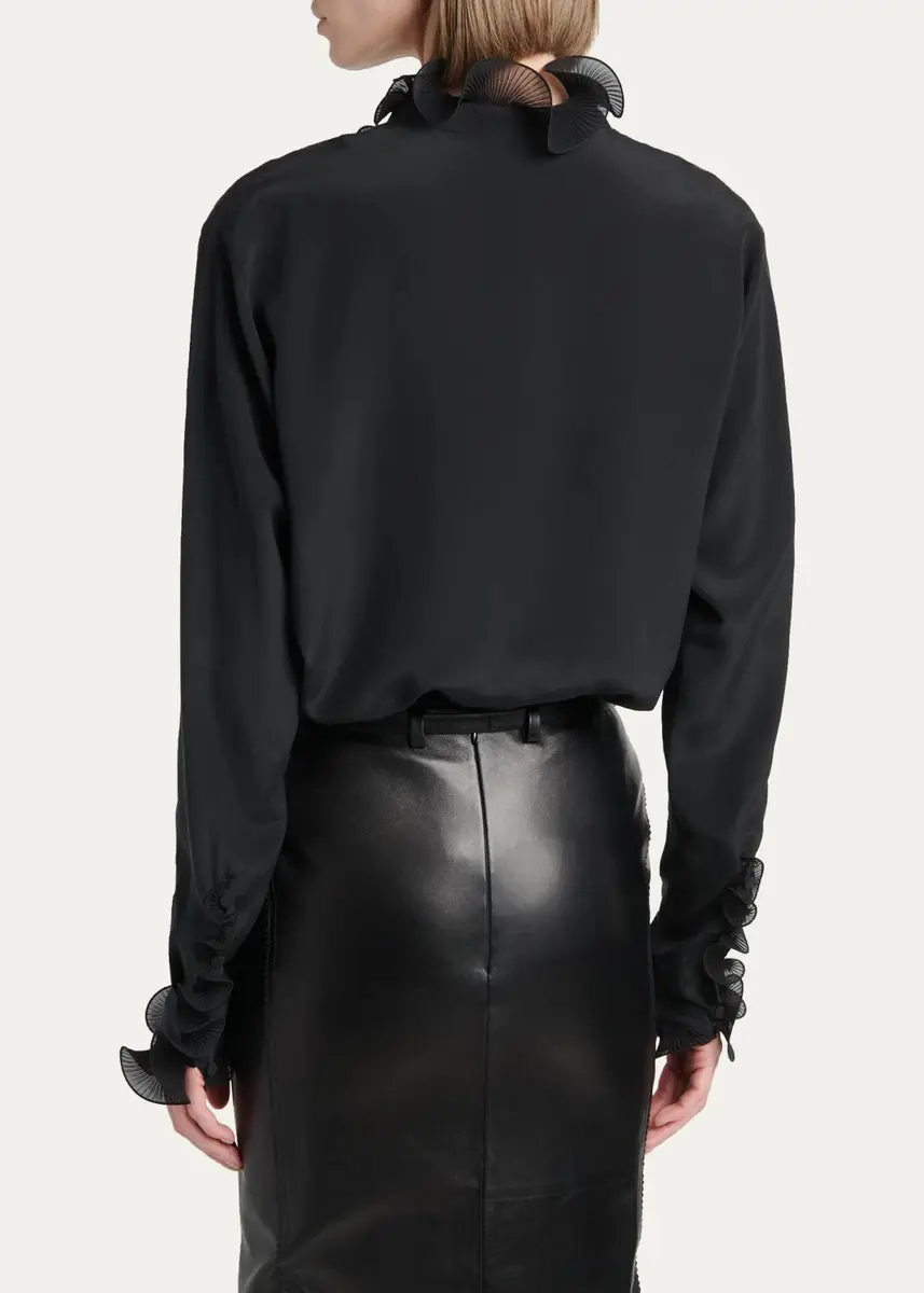 Tom Ford Silk Crepe De Chine Ruffle Plunging-Neck Blouse | Thumbnail 3