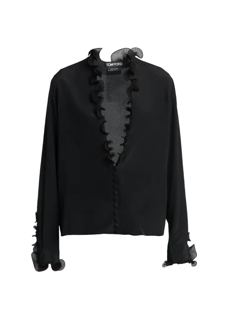 Silk Crepe De Chine Ruffle Plunging-Neck Blouse