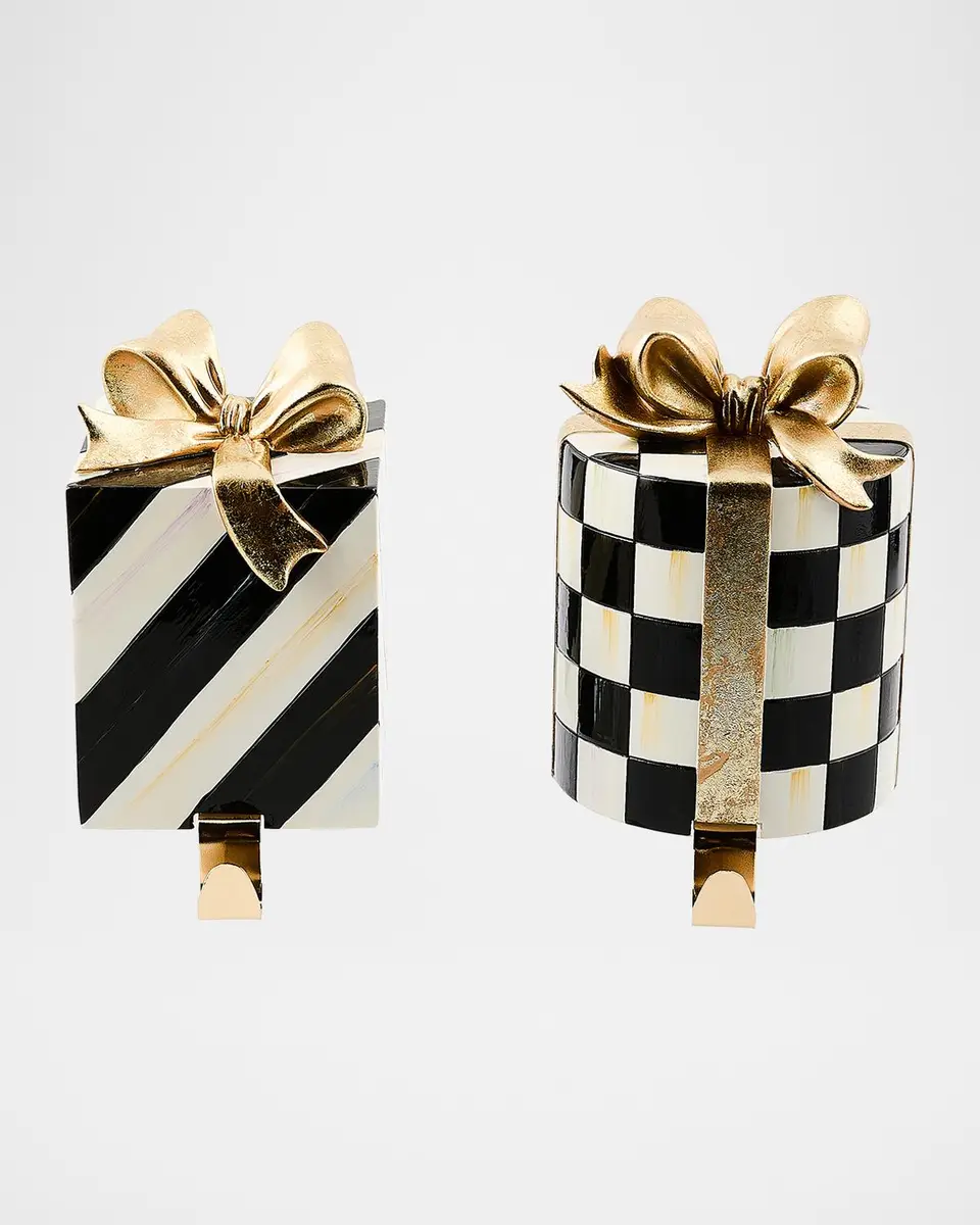 MacKenzie-Childs Courtly Noel Gift Box Christmas Stocking Holders, Set of 2 | Thumbnail 2 MacKenzie-Childs Courtly Noel Gift Box Christmas Stocking Holders, Set of 2 | Thumbnail 2