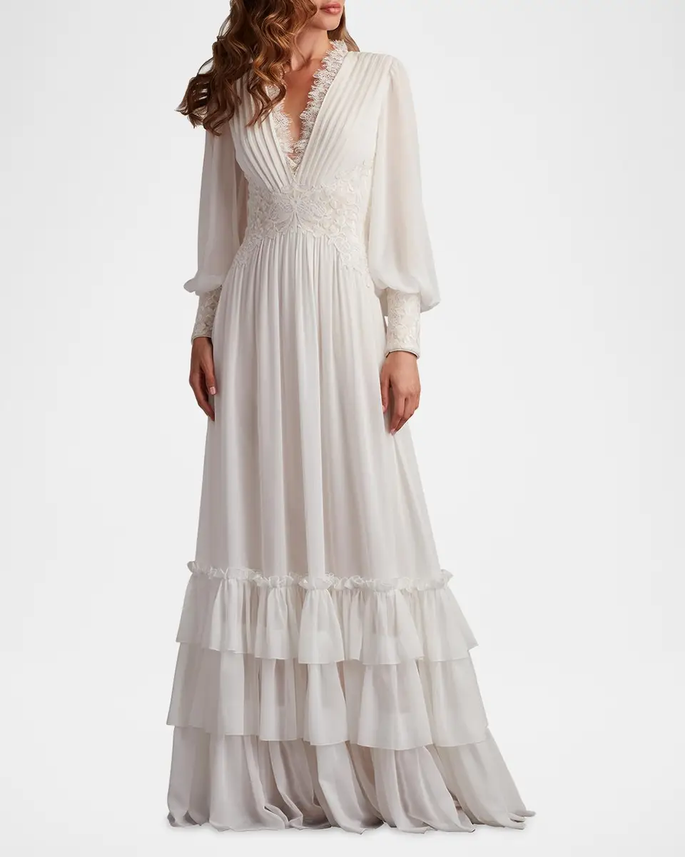 Tadashi Shoji Long-Sleeve Chiffon Lace Ruffle Gown | Thumbnail 2
