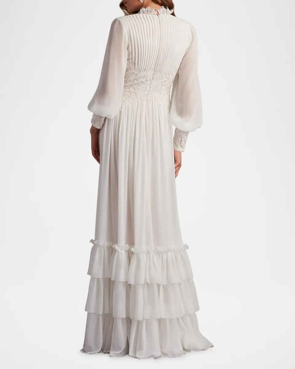 Tadashi Shoji Long-Sleeve Chiffon Lace Ruffle Gown | Thumbnail 3