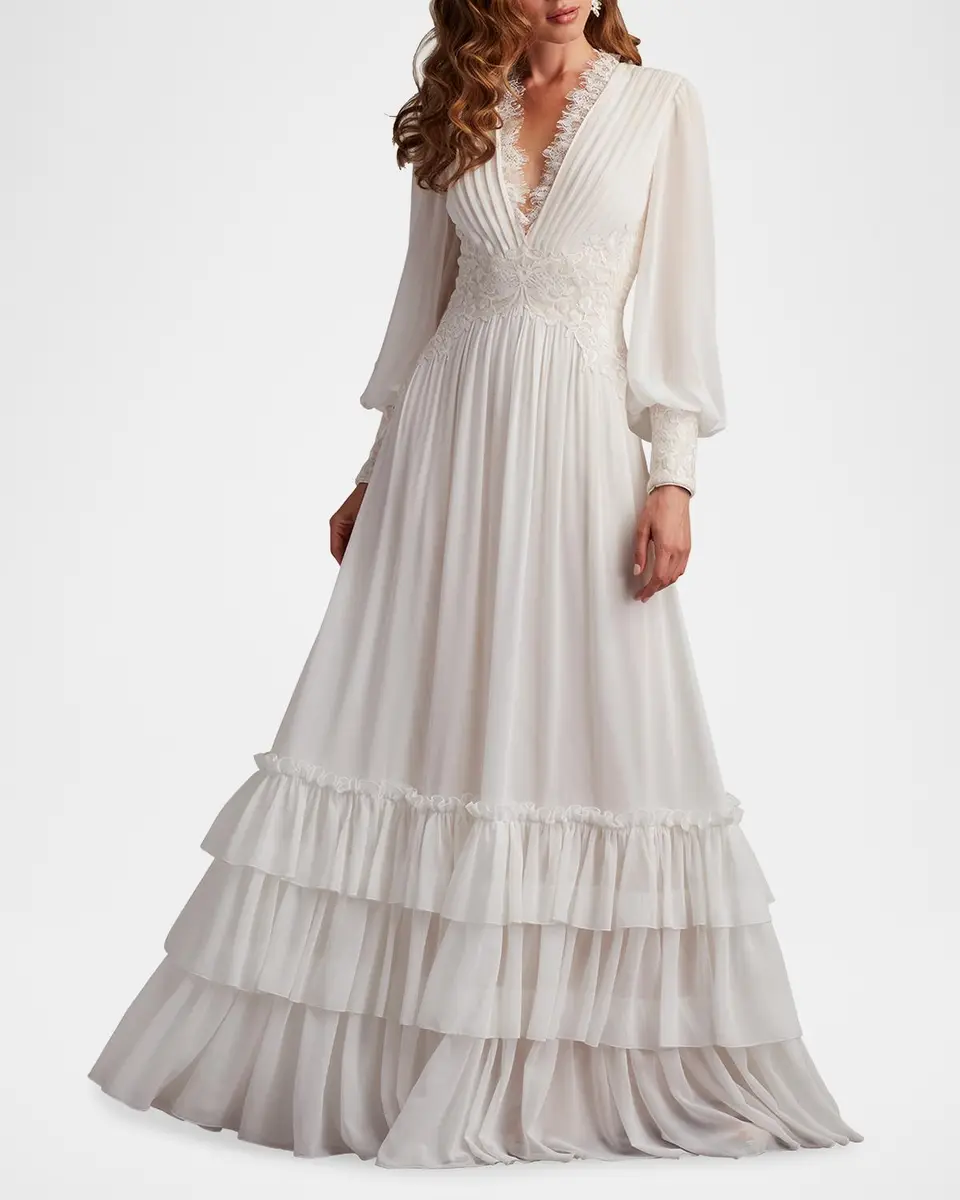 Tadashi Shoji Long-Sleeve Chiffon Lace Ruffle Gown | Thumbnail 4