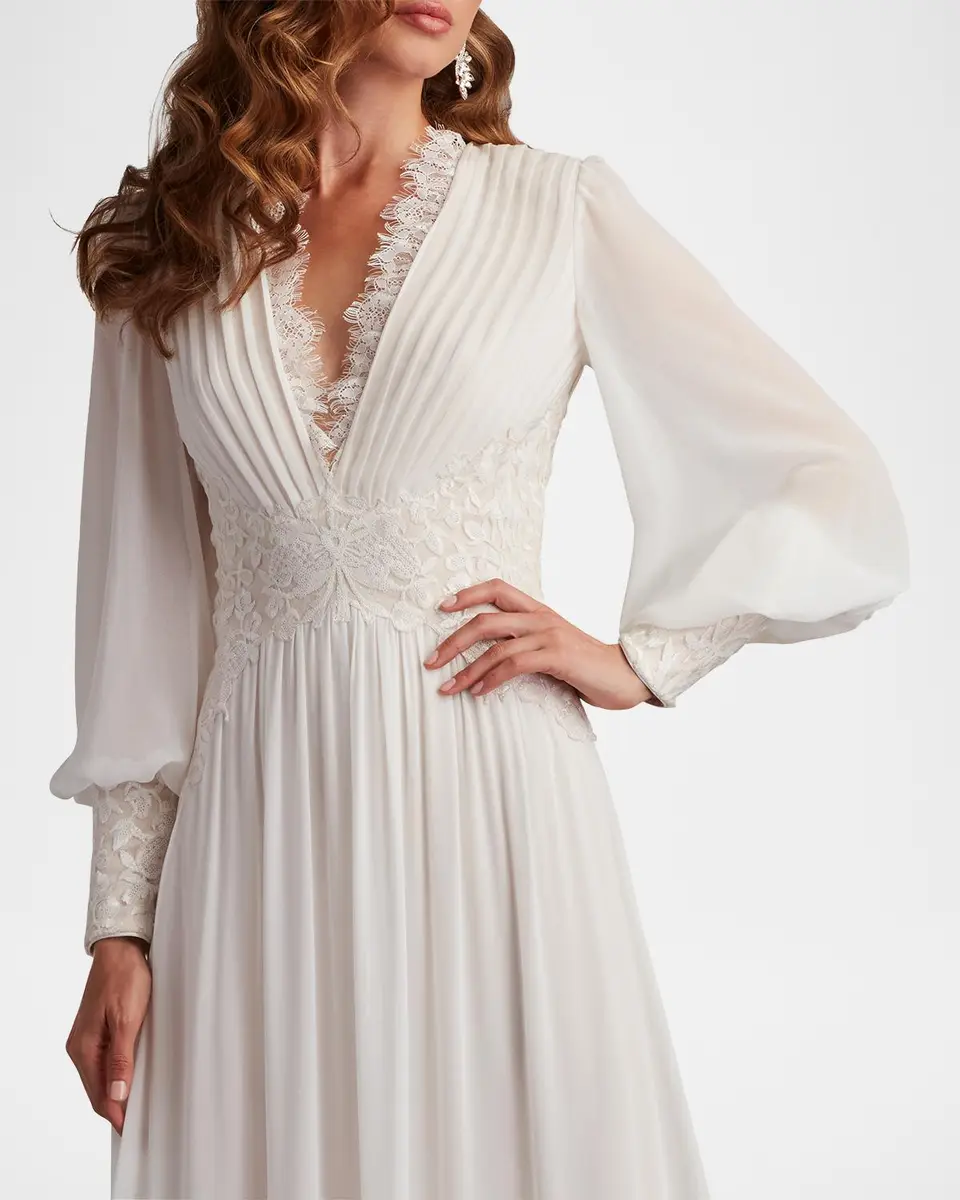 Tadashi Shoji Long-Sleeve Chiffon Lace Ruffle Gown | Thumbnail 5