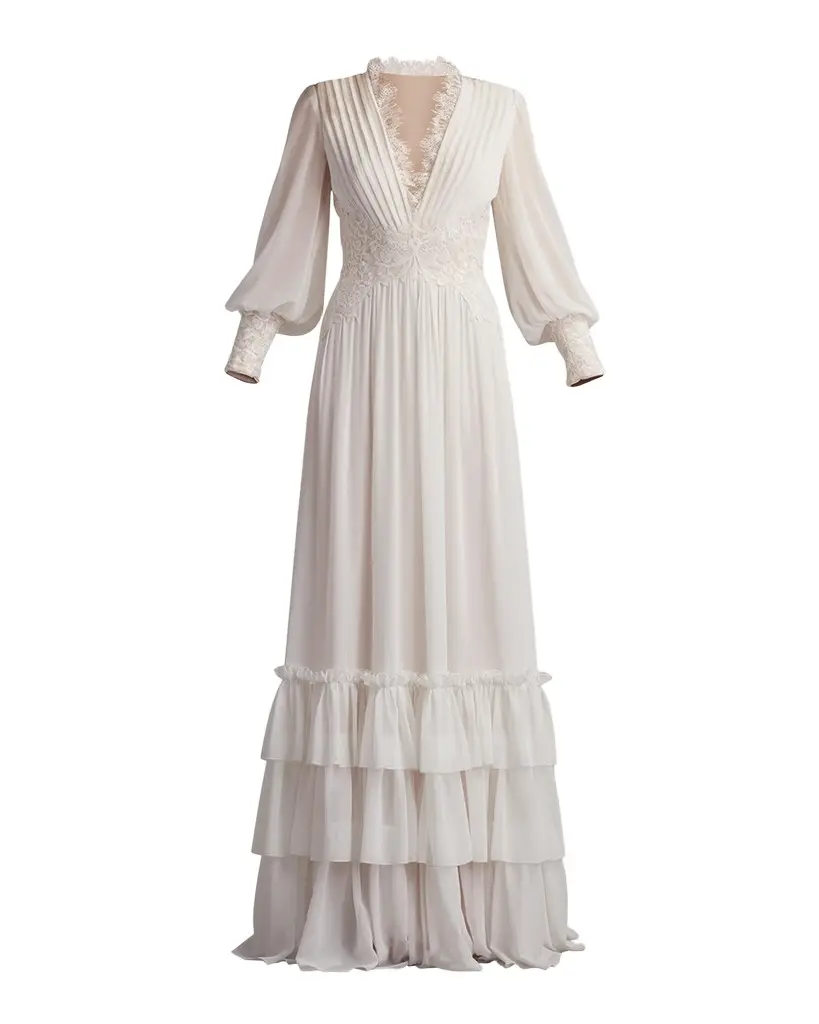 Tadashi Shoji Long-Sleeve Chiffon Lace Ruffle Gown