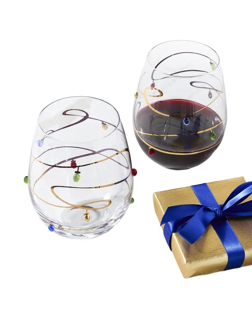 Neiman Marcus Christmas Lights 8 oz. Stemless Wine Glasses