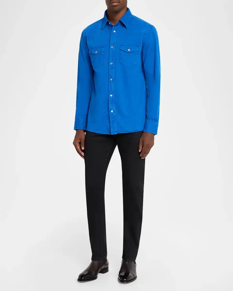 Tom Ford Men's Peached Twill Snap-Front Western Shirt | Thumbnail 2 Tom Ford Men's Peached Twill Snap-Front Western Shirt | Thumbnail 2