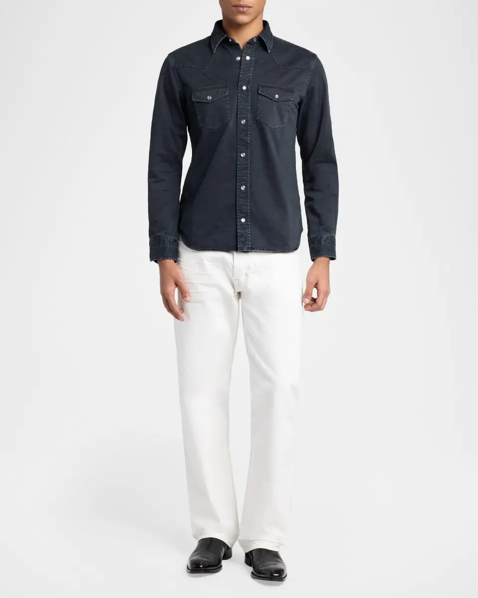 Tom Ford Men's Peached Twill Snap-Front Western Shirt | Thumbnail 2