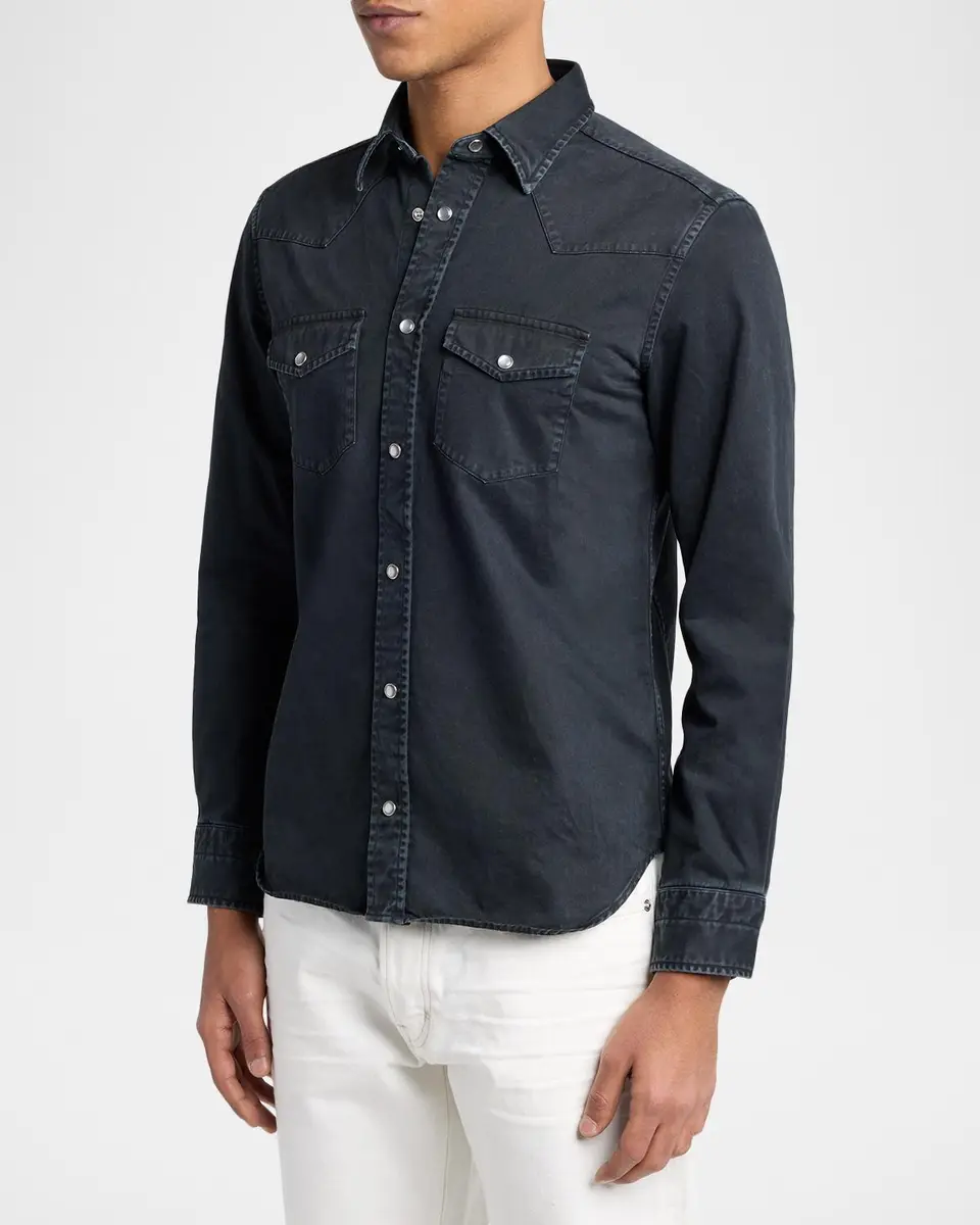 Tom Ford Men's Peached Twill Snap-Front Western Shirt | Thumbnail 4