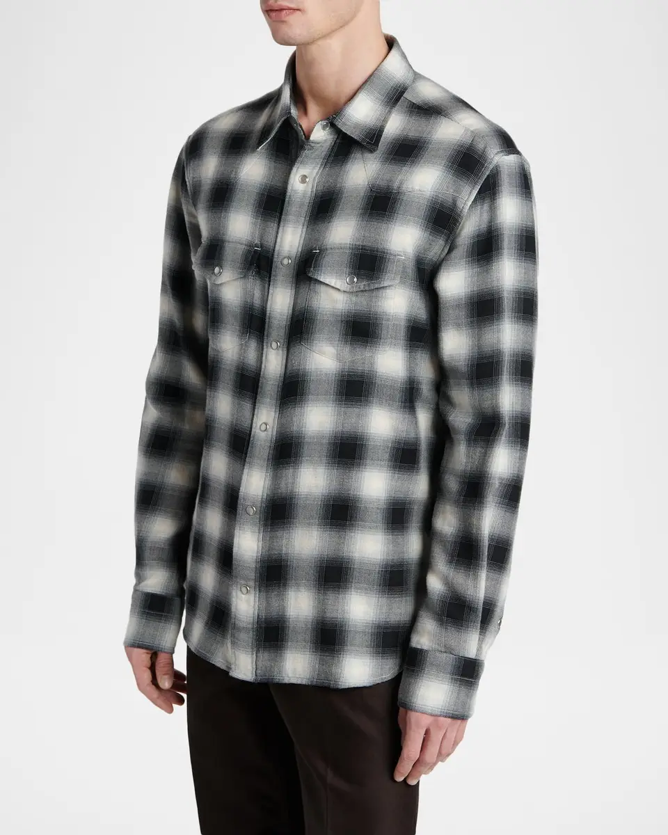 Tom Ford Men's Twill Overcheck Snap-Front Western Shirt | Thumbnail 4 Tom Ford Men's Twill Overcheck Snap-Front Western Shirt | Thumbnail 4