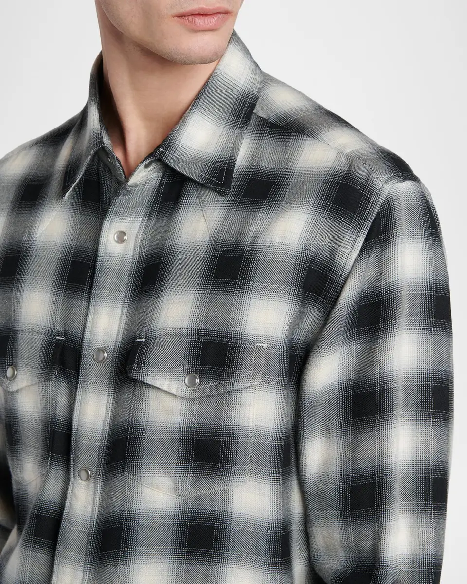 Tom Ford Men's Twill Overcheck Snap-Front Western Shirt | Thumbnail 5 Tom Ford Men's Twill Overcheck Snap-Front Western Shirt | Thumbnail 5