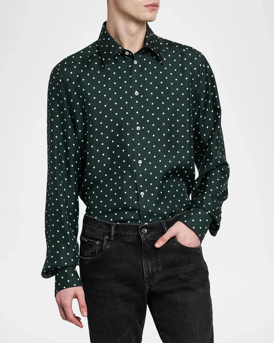 Dolce & Gabbana Men's Polka Dot Silk Button-Front Shirt | Thumbnail 4 Dolce & Gabbana Men's Polka Dot Silk Button-Front Shirt | Thumbnail 4
