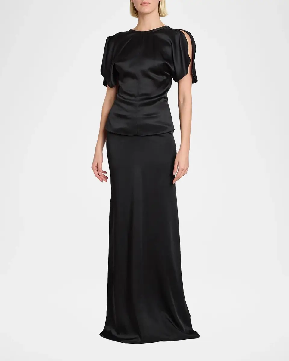 Victoria Beckham Bela Draped Satin Short-Sleeve Top | Thumbnail 2 Victoria Beckham Bela Draped Satin Short-Sleeve Top | Thumbnail 2