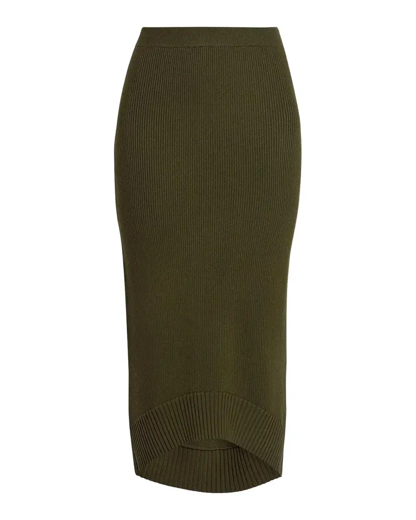 Wool-Blend Ribbed High-Low Midi Skirt Wool-Blend Ribbed High-Low Midi Skirt
