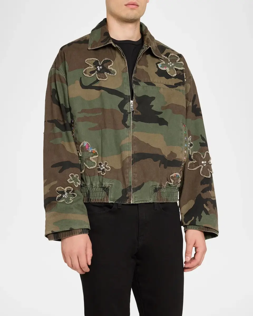 Nahmias Men's Floral Patch Crystal Camo Bomber Jacket | Thumbnail 4 Nahmias Men's Floral Patch Crystal Camo Bomber Jacket | Thumbnail 4