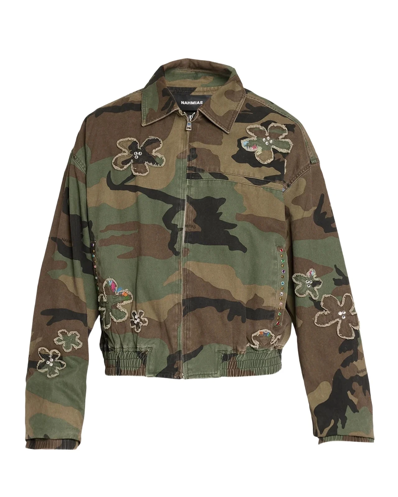 Nahmias Men's Floral Patch Crystal Camo Bomber Jacket