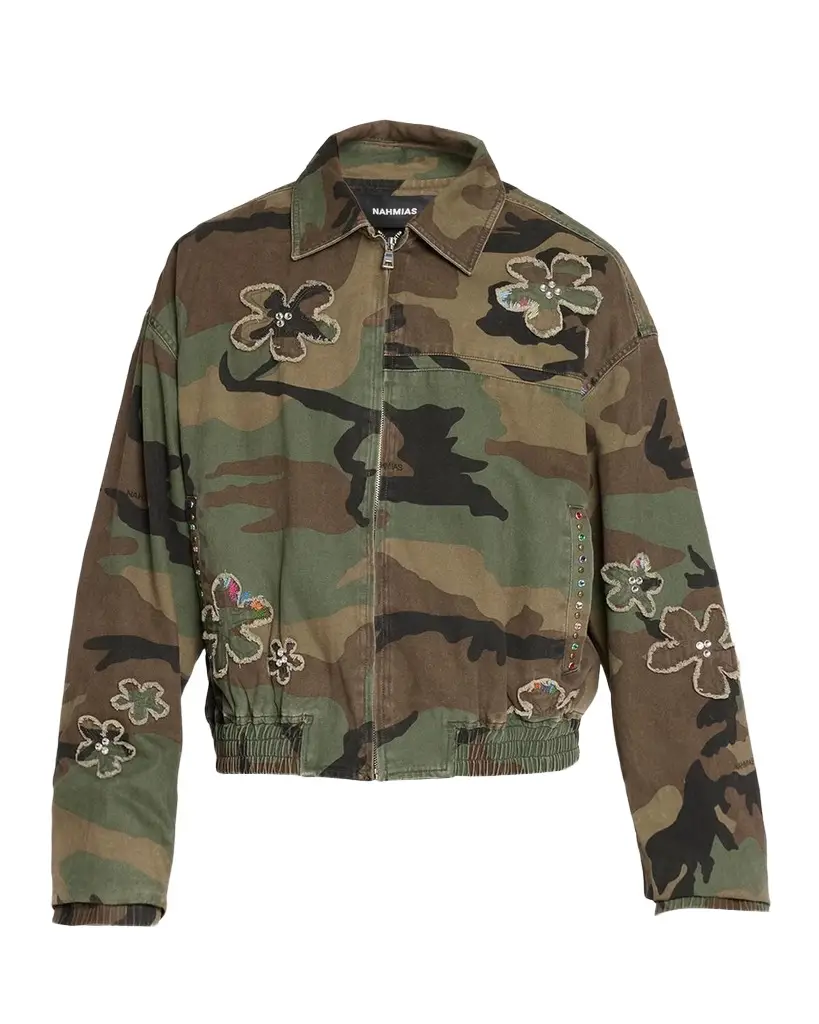 Nahmias Men's Floral Patch Crystal Camo Bomber Jacket