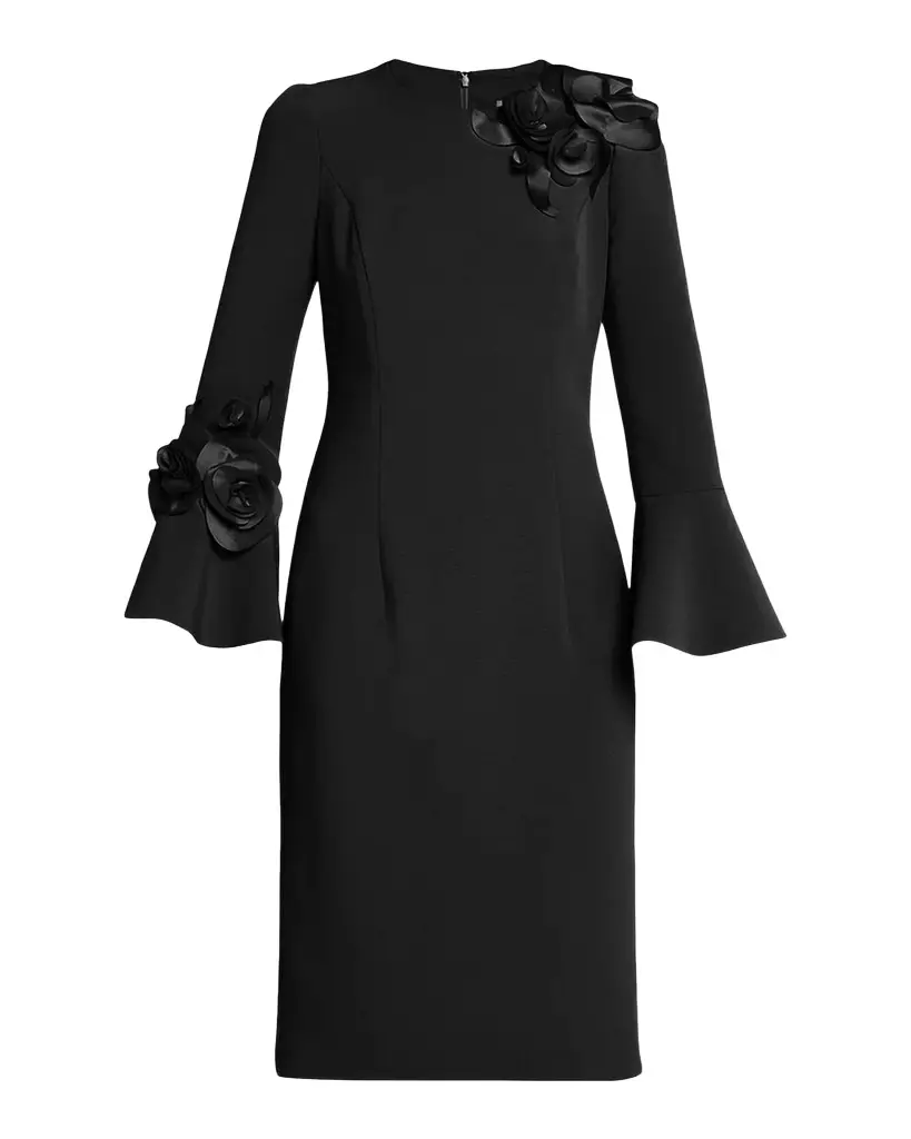 Floral Applique Flare-Cuff Crepe Dress Floral Applique Flare-Cuff Crepe Dress
