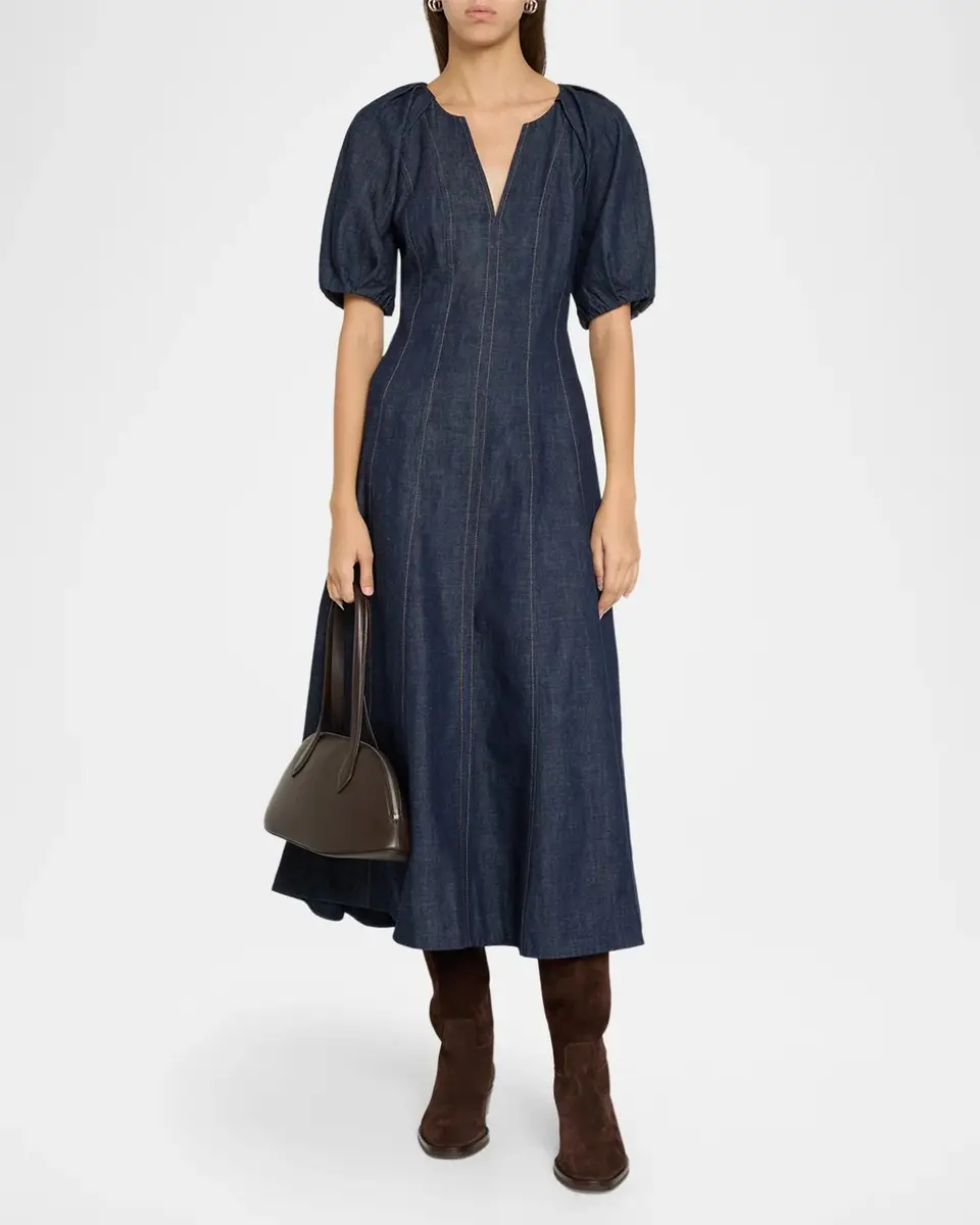 TANYA TAYLOR Piper Chambray Denim Fit-&-Flare Midi Dress | Thumbnail 2