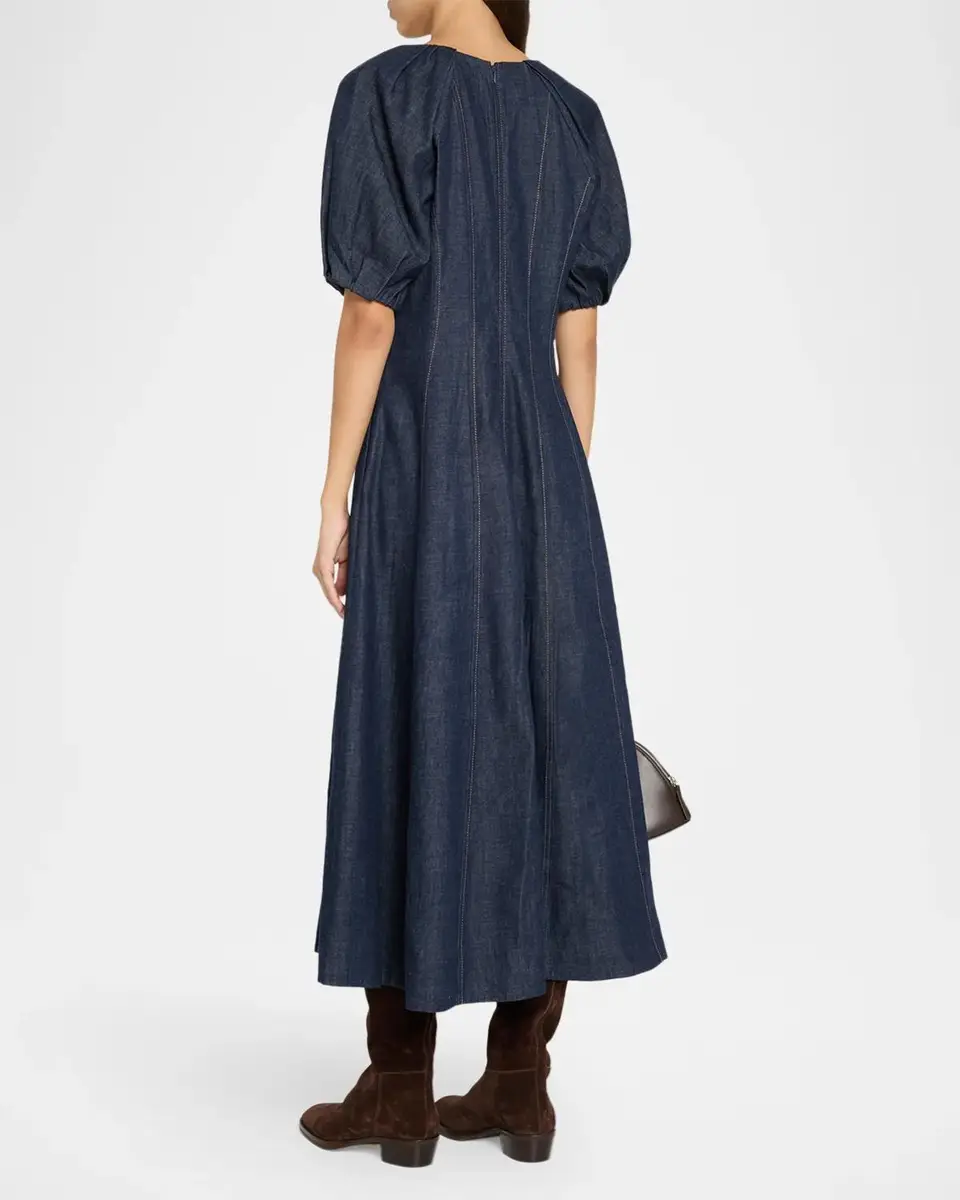 TANYA TAYLOR Piper Chambray Denim Fit-&-Flare Midi Dress | Thumbnail 3