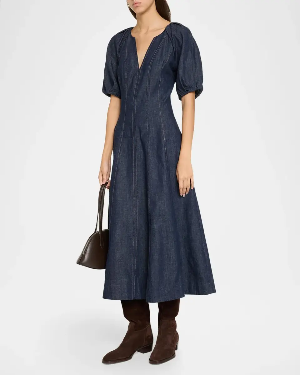 TANYA TAYLOR Piper Chambray Denim Fit-&-Flare Midi Dress | Thumbnail 4