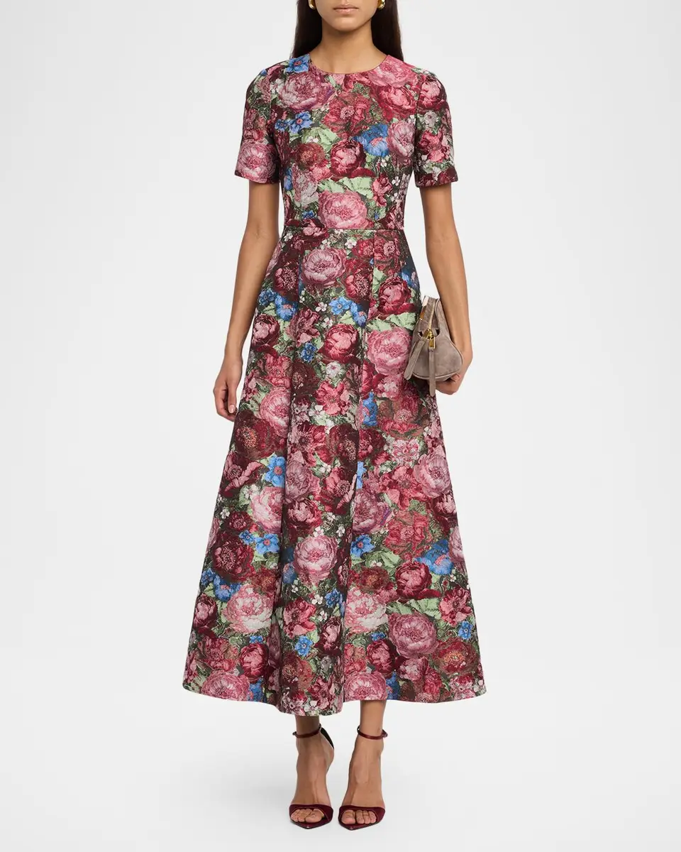 Adam Lippes Evangeline Floral Jacquard Short-Sleeve Tea-Length Dress | Thumbnail 2 Adam Lippes Evangeline Floral Jacquard Short-Sleeve Tea-Length Dress | Thumbnail 2