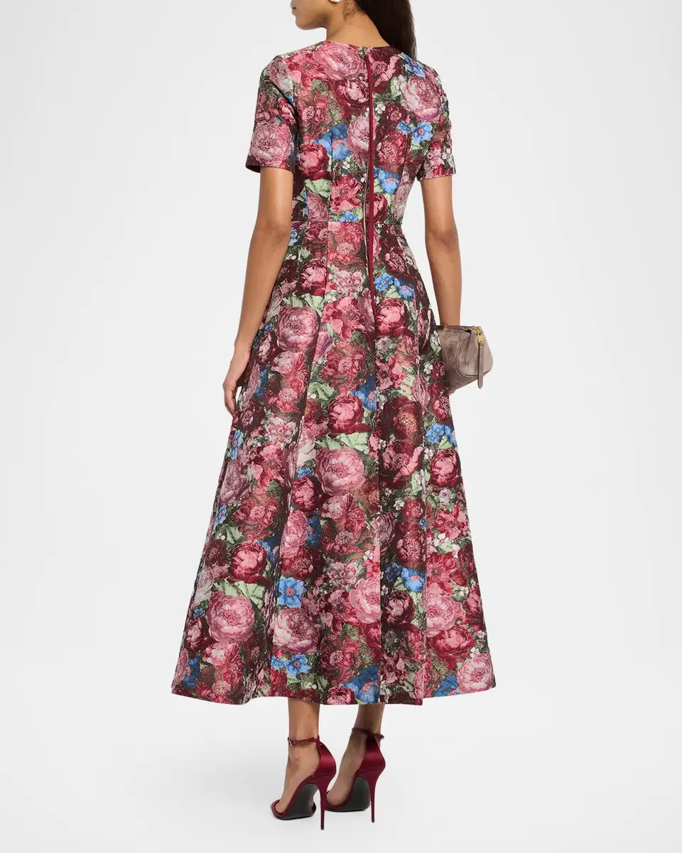 Adam Lippes Evangeline Floral Jacquard Short-Sleeve Tea-Length Dress | Thumbnail 3 Adam Lippes Evangeline Floral Jacquard Short-Sleeve Tea-Length Dress | Thumbnail 3