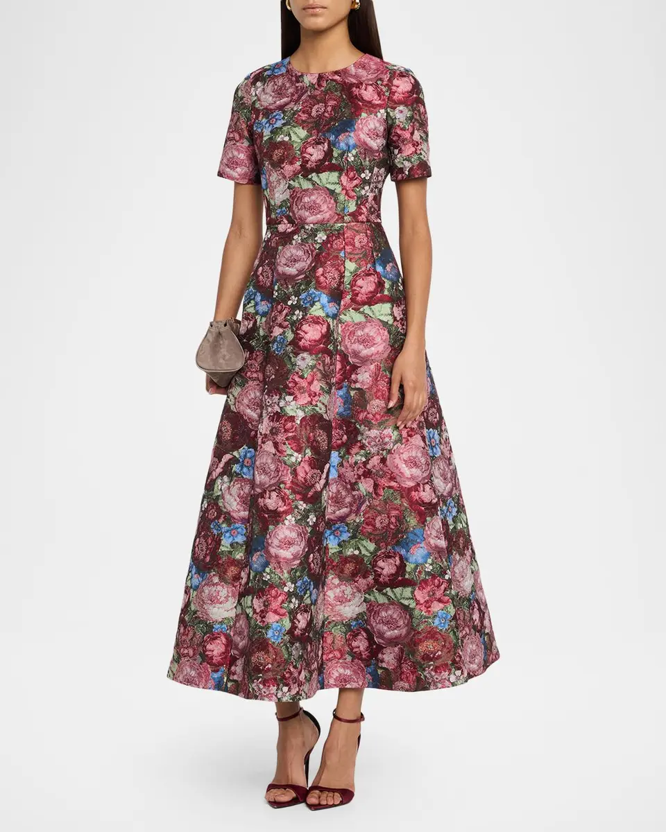 Adam Lippes Evangeline Floral Jacquard Short-Sleeve Tea-Length Dress | Thumbnail 4 Adam Lippes Evangeline Floral Jacquard Short-Sleeve Tea-Length Dress | Thumbnail 4