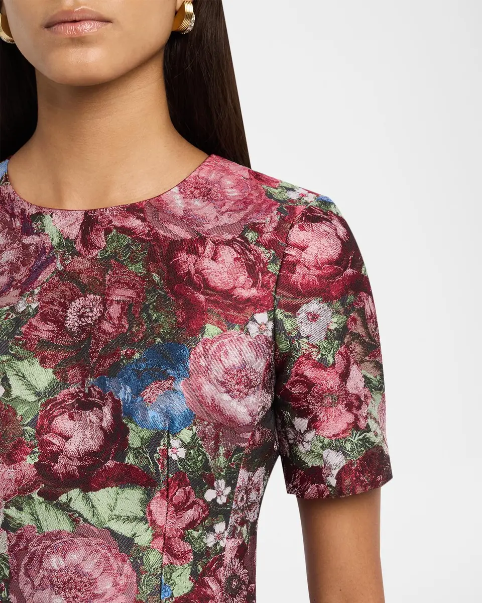 Adam Lippes Evangeline Floral Jacquard Short-Sleeve Tea-Length Dress | Thumbnail 5 Adam Lippes Evangeline Floral Jacquard Short-Sleeve Tea-Length Dress | Thumbnail 5