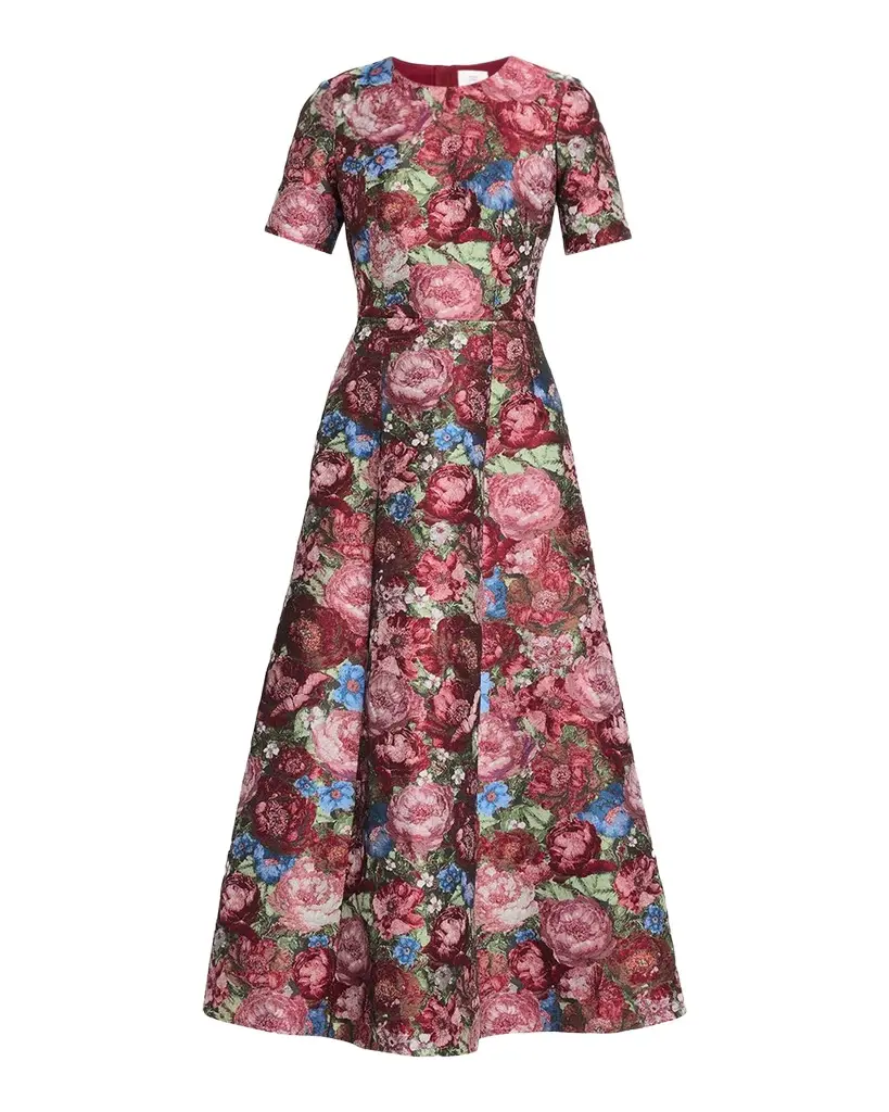 Adam Lippes Evangeline Floral Jacquard Short-Sleeve Tea-Length Dress